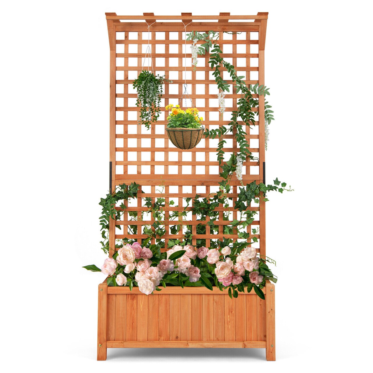 Natural Fir Wood Raised Garden Bed with Hanging Roof, Trellis and Planter Box